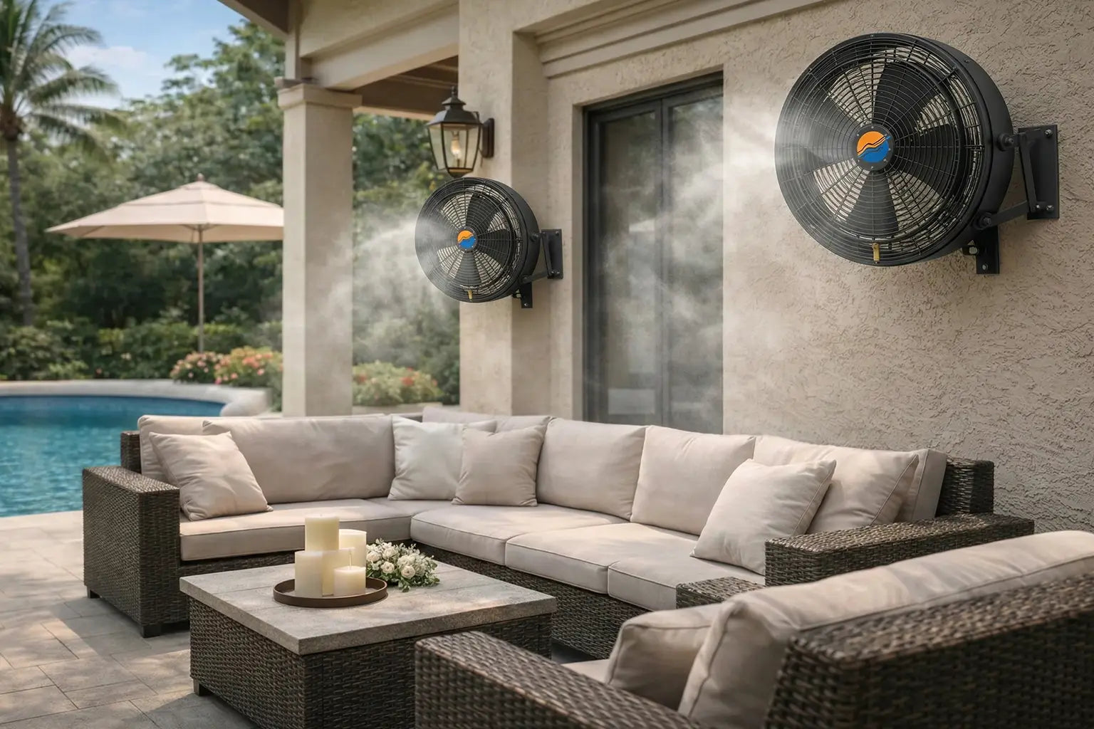 cool off mid pressure misting fans mounted to wall