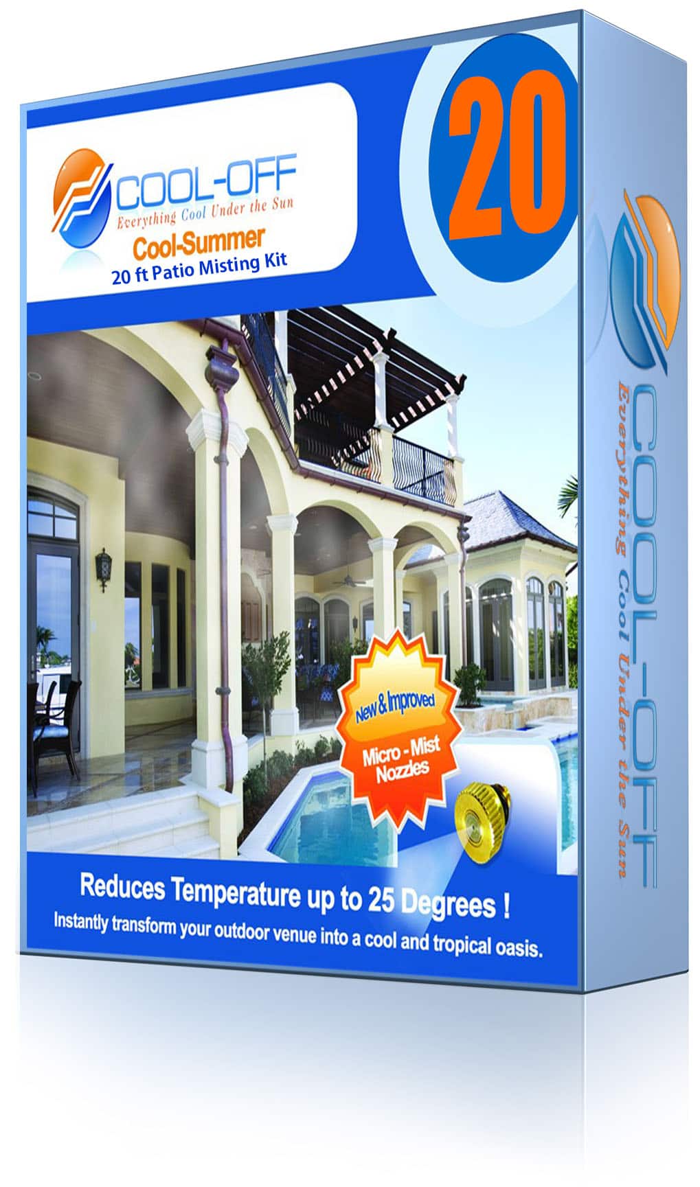 Cool-Off patio misting kit packaging with pool and house background