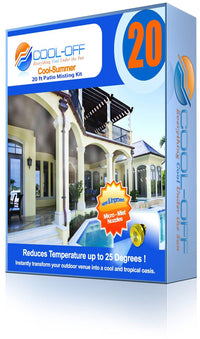 Cool-Off patio misting kit packaging with pool and house background
