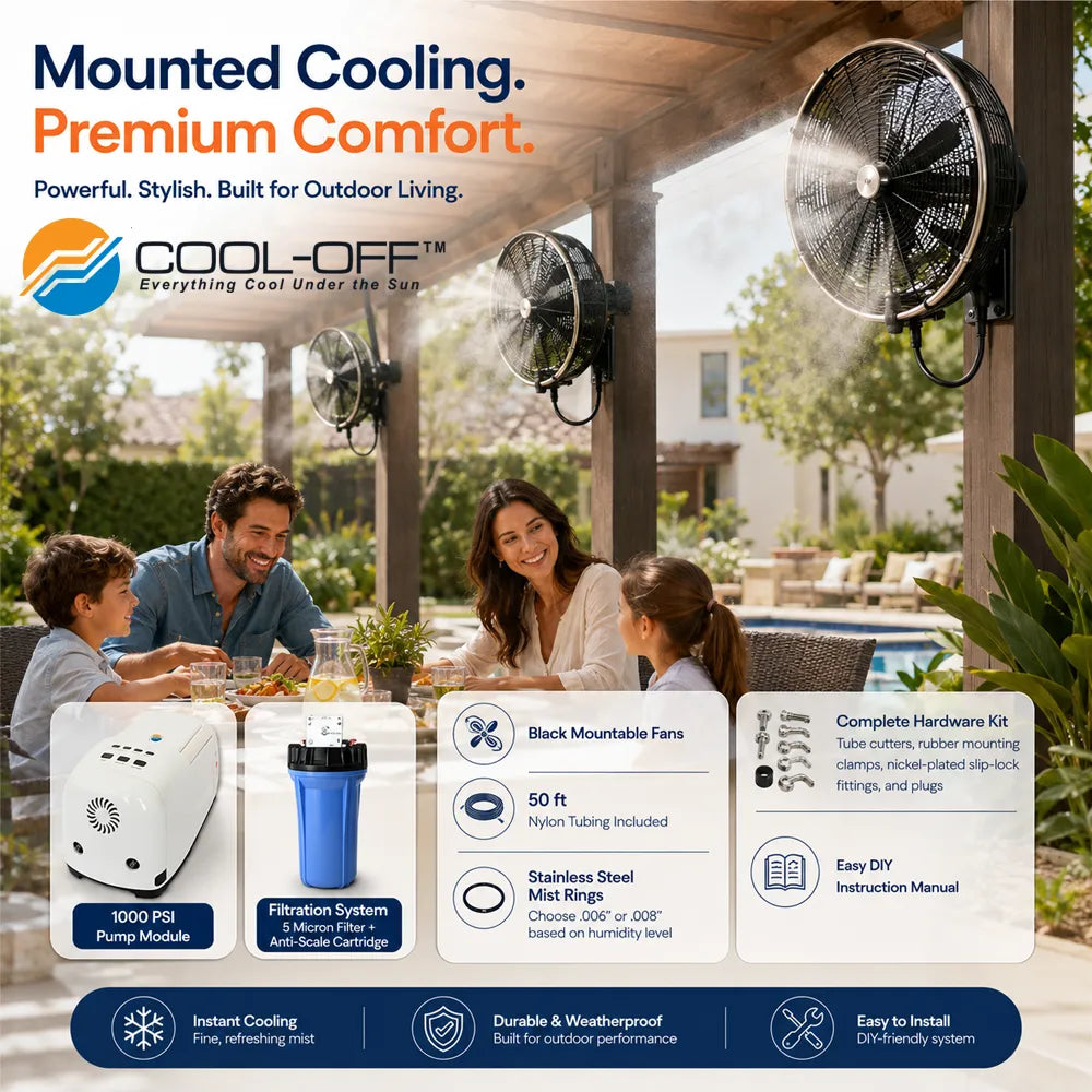 mounted cool-off high pressure misting fans in backyward with family