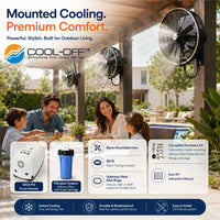 mounted cool-off high pressure misting fans in backyward with family