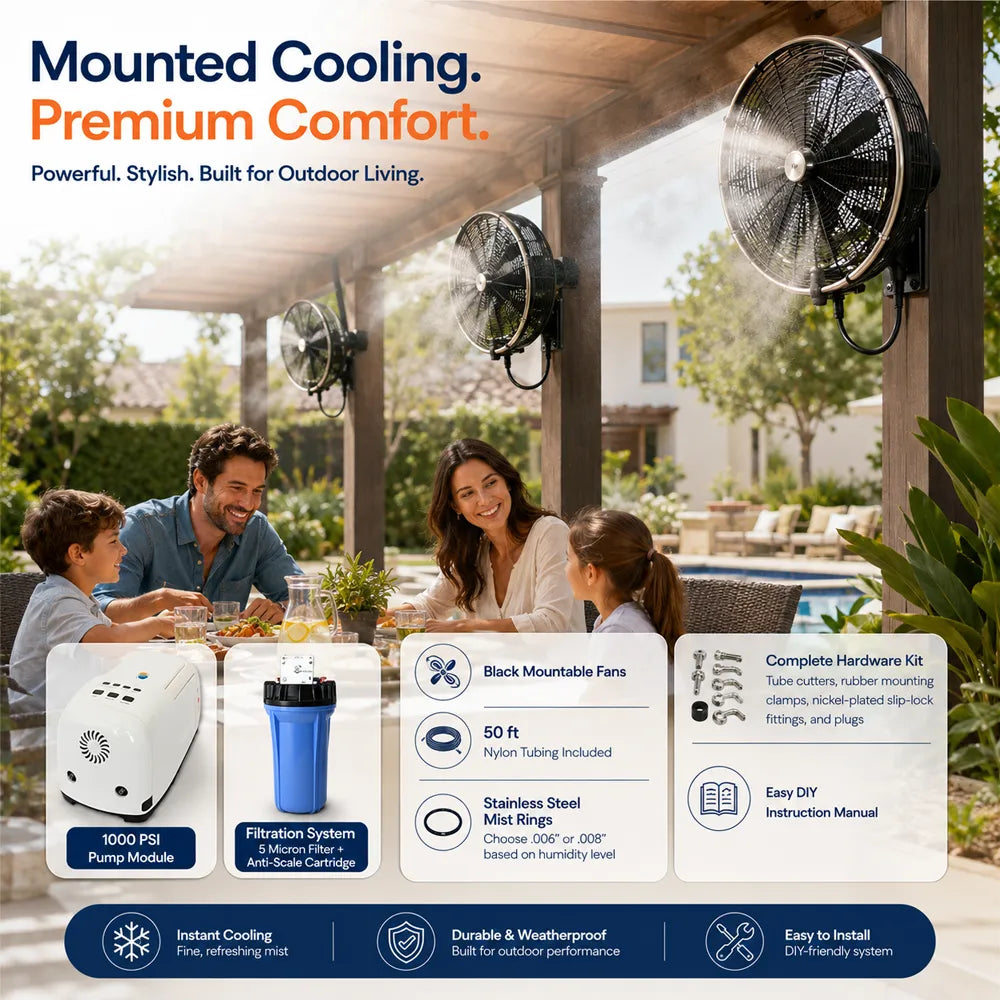 graphic for an outdoor cool-off cooling kit showing a family having a barbecue under a covered patio with two black mounted fans spraying mist. The image includes feature callouts, icons, and text highlighting 1000 PSI pump power, filtration system, stainless steel mist rings, and DIY installation.