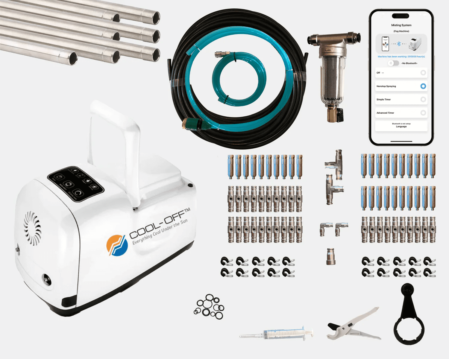 Cool-off system kit with pump, hoses, nozzles, and smartphone app on a white background