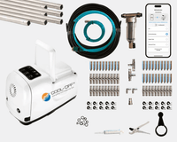 Cool-off system kit with pump, hoses, nozzles, and smartphone app on a white background