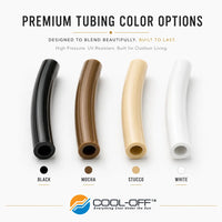 Four curved tubes shown in color options: black, mocha brown, tan, and white, with labels underneath and the text 'PREMIUM TUBING COLOR OPTIONS' at the top and the COOL-OFF logo at the bottom.