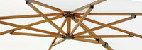Close-up of a wooden patio umbrella with a white background