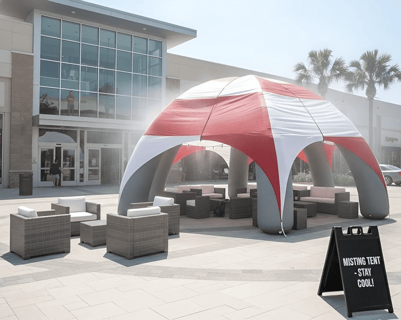 Red and white inflatable tent with outdoor furniture in front of a building
