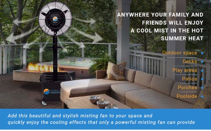 Outdoor misting fan on a patio with text highlighting its use.