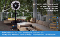 Outdoor misting fan on a patio with text highlighting its use.