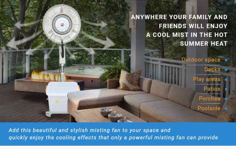 Outdoor misting fan on a patio with text highlighting its use in various outdoor settings.