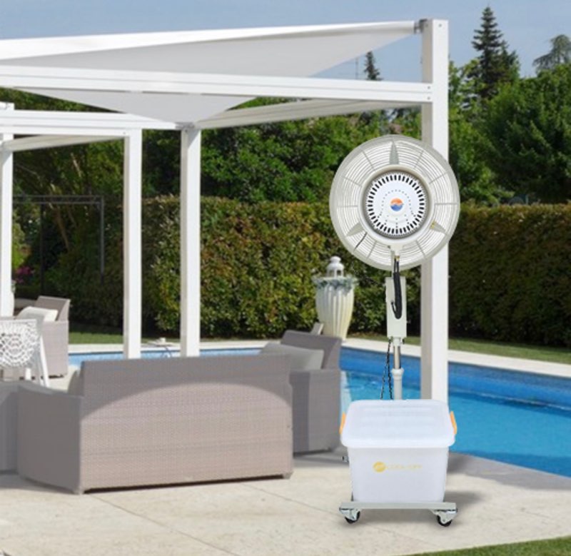 Outdoor patio with pergola, furniture, and a portable air conditioning unit by a pool.