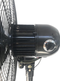 Black industrial fan with visible blades on a white background