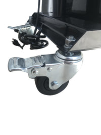 Close-up of a caster wheel with metal bracket and power cord on a white background