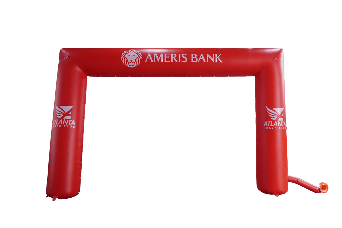 Red inflatable archway with Ameris Bank branding on a white background