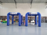 Two blue inflatable arches with 'Herschel Water Works' branding in a warehouse setting.