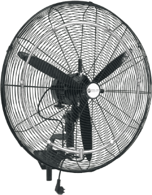 Wall-mounted fan with three black blades on a white background