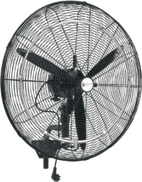 Wall-mounted fan with three black blades on a white background