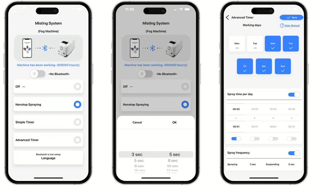 Three smartphone screens displaying different settings of a fog machine app.
