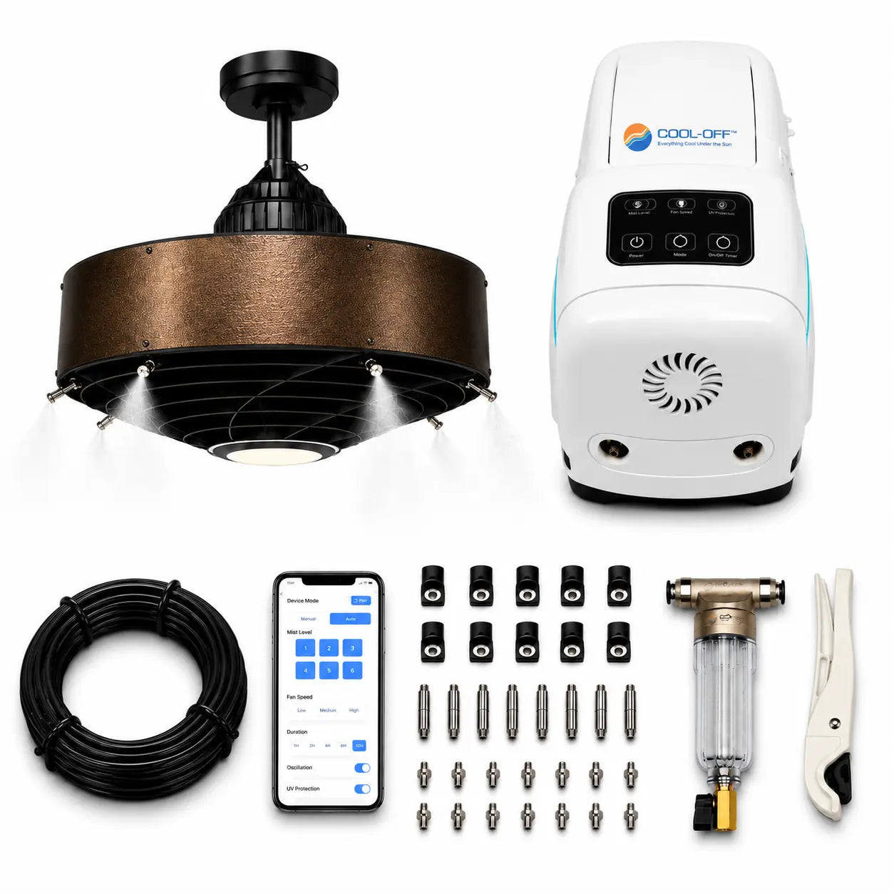 Premium ceiling misting fan bronze metallic finish with smart app control
