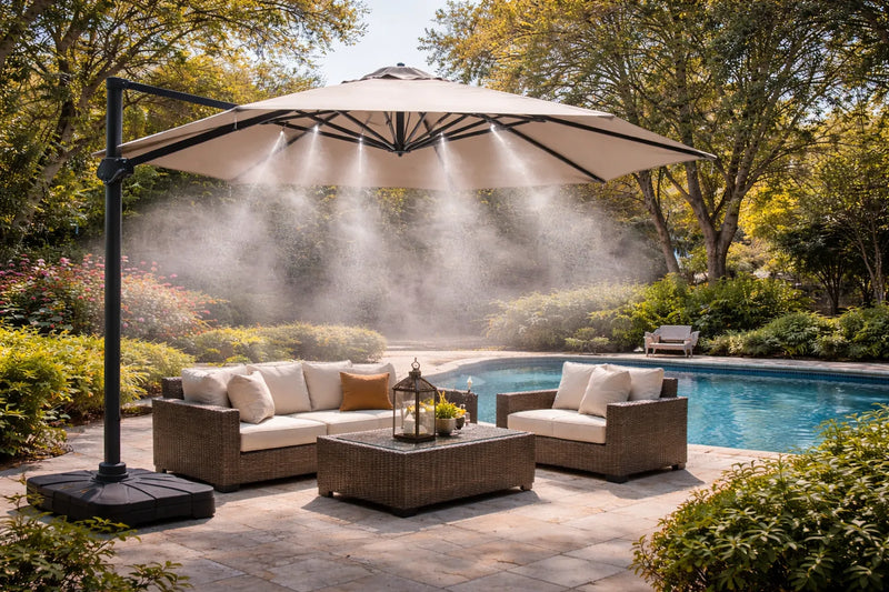 breeze buster patio umbrella Sears Garden Oasis 10' Square Offset Mister Brella by Cool-Off |
