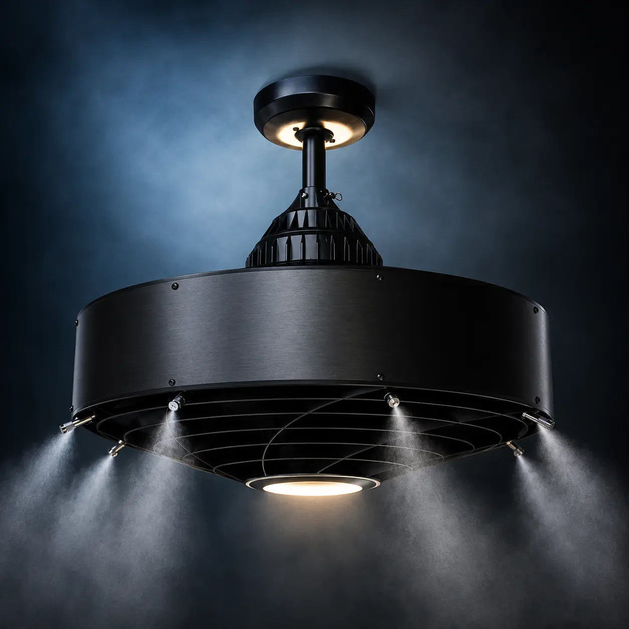 Cool-Off ceiling misting fan black finish in action showing fine mist spray cooling effect