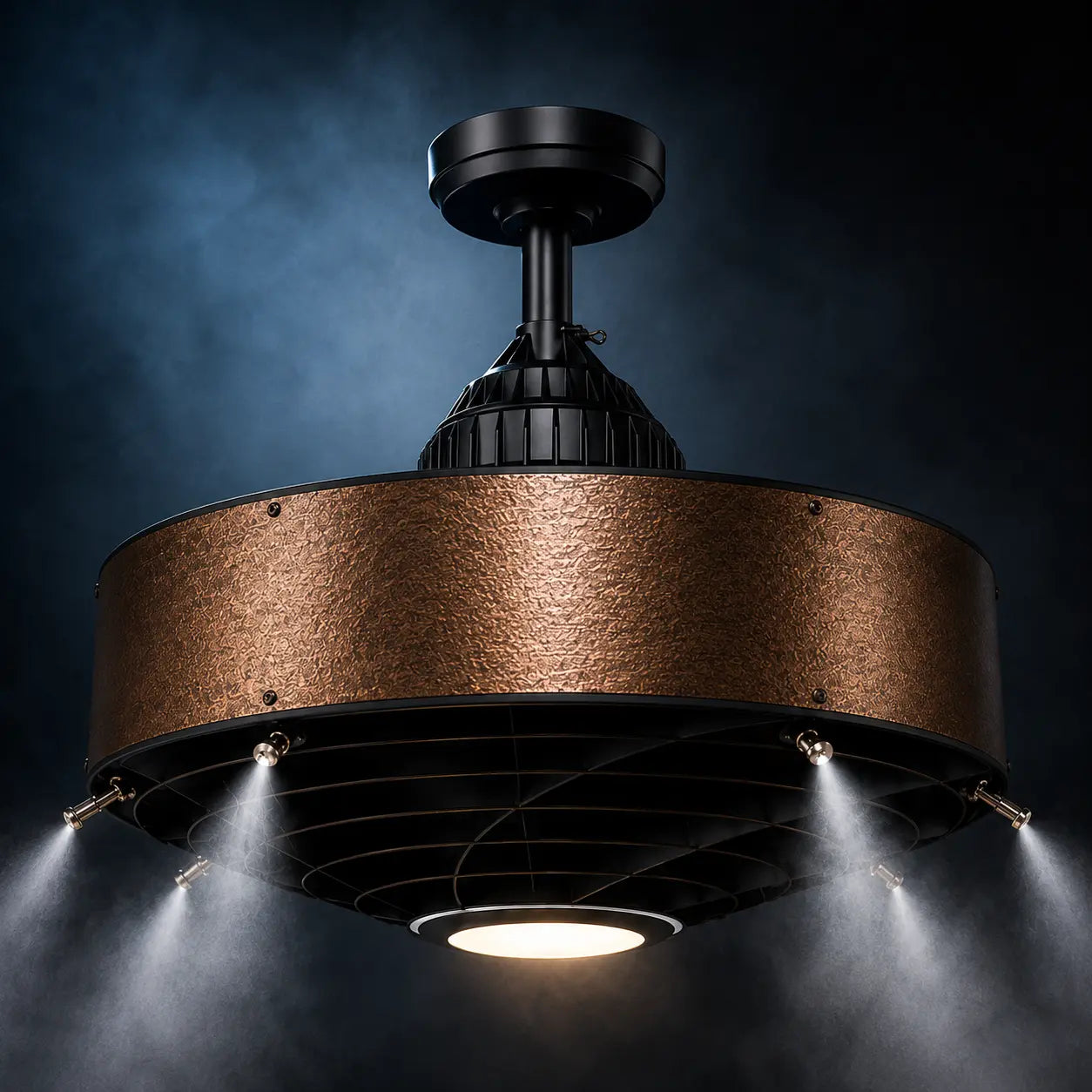 Pro-Mist ceiling fan bronze metallic finish with active misting showing cooling spray
