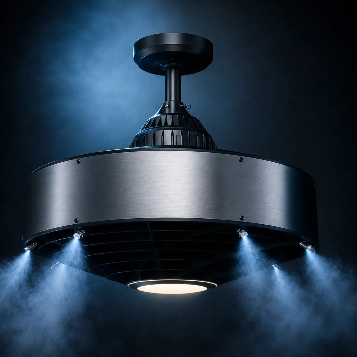ceiling misting fan brushed titanium finish in action showing active mist cooling effect