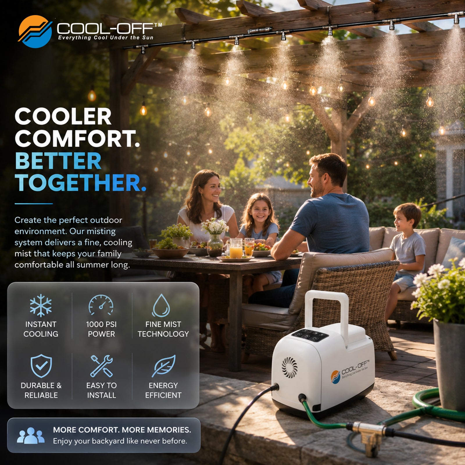 Cool-Off misting system shown in use on a wooden outdoor patio with a family sitting at a table under string lights. The white and green portable misting machine is visible in the lower right, with feature icons and marketing text on the left.