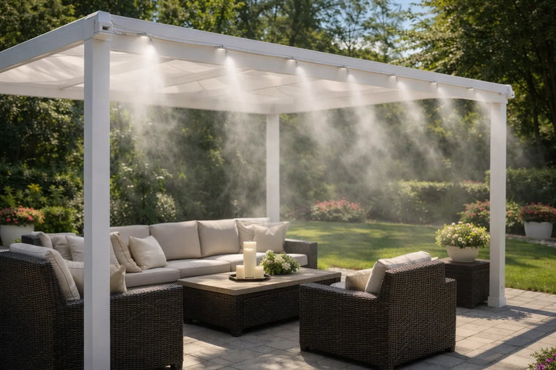 Outdoor patio with pergola, misting system 