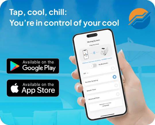 Hand holding a smartphone with an app interface, promoting control over cooling systems with text 'Tap, cool, chill: You're in control of your cool' and app store logos.