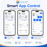 A graphic for a smart app control feature for a cool-off misting system, showing four smartphone screens with a cooling mist system interface and feature callouts including Bluetooth connection, instant control, advanced timer, and weekly scheduling. The text at the top reads COOL-OFF and Smart App Control.