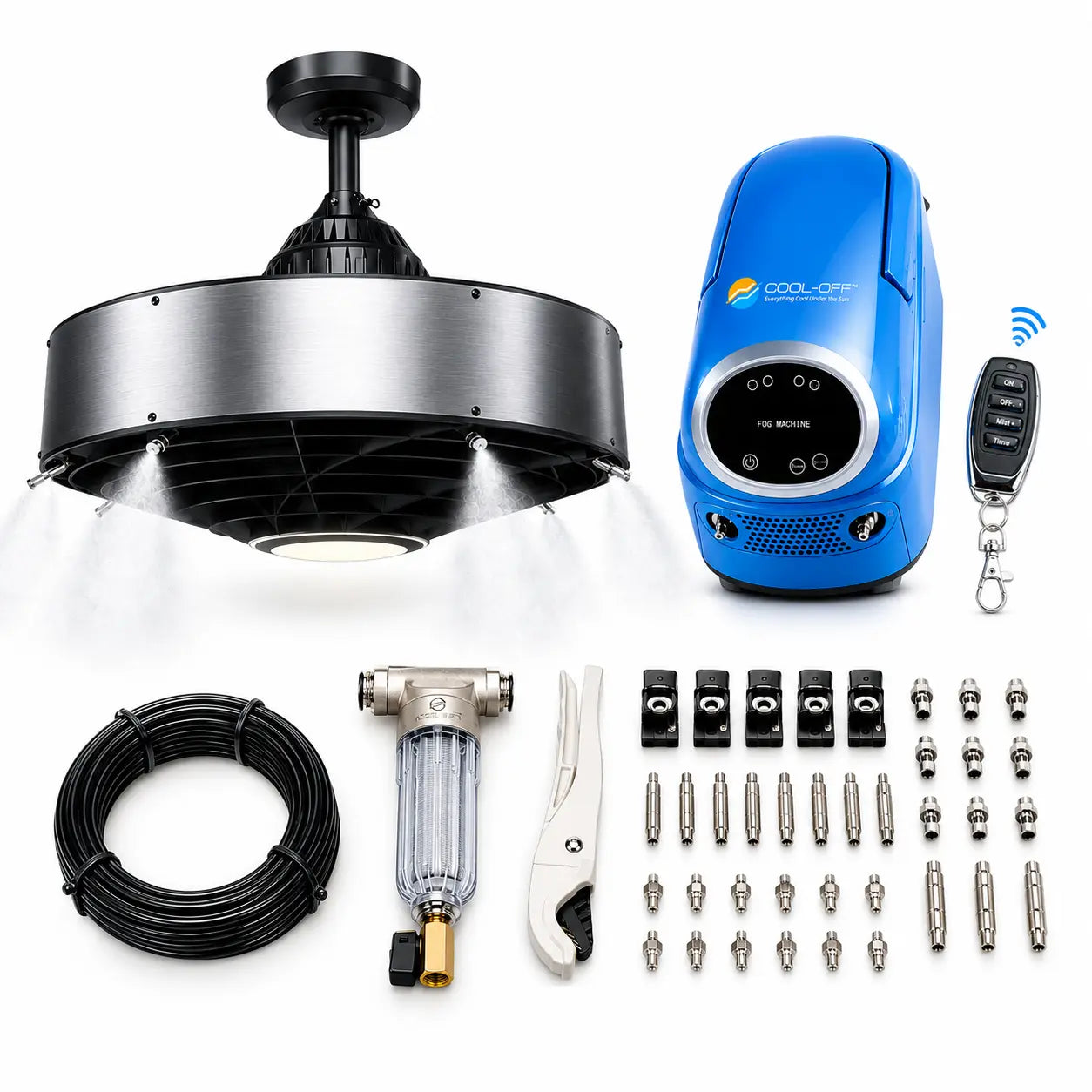 stainless steel brushed titanium ceiling misting fan with blue fog machine pump remote control