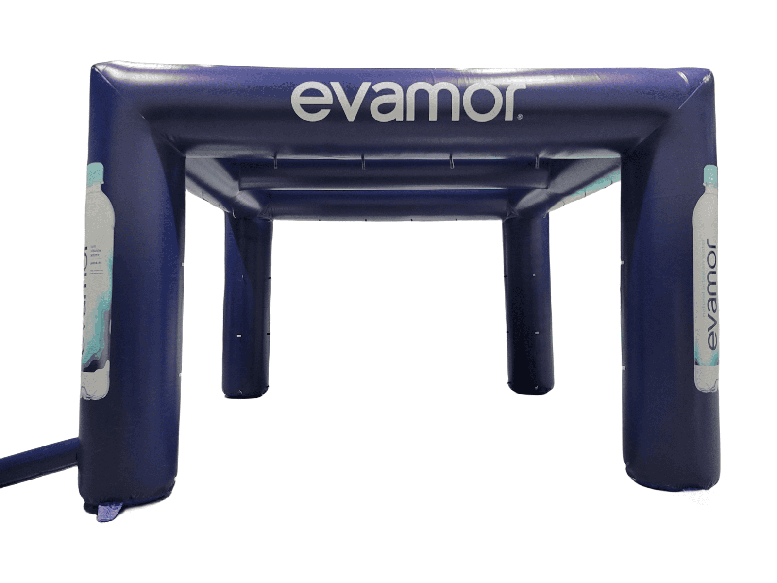Inflatable structure with 'evamor' branding on a white background