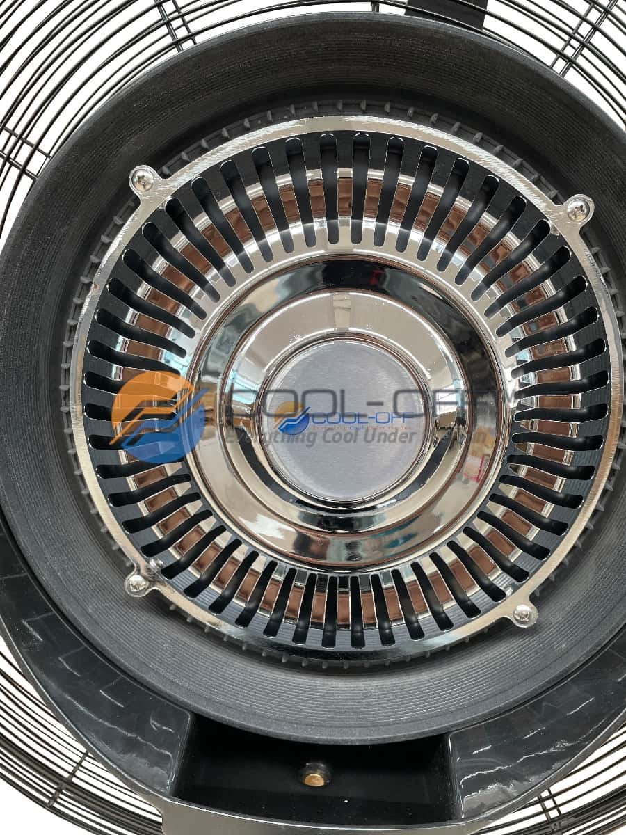 Close-up of a cooling system with a brand logo in the center.