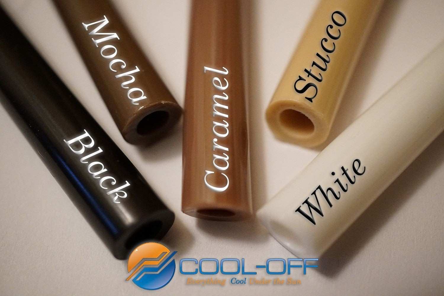 Set of Cool-Off brand lip balms in various colors with labeled names on a light background.
