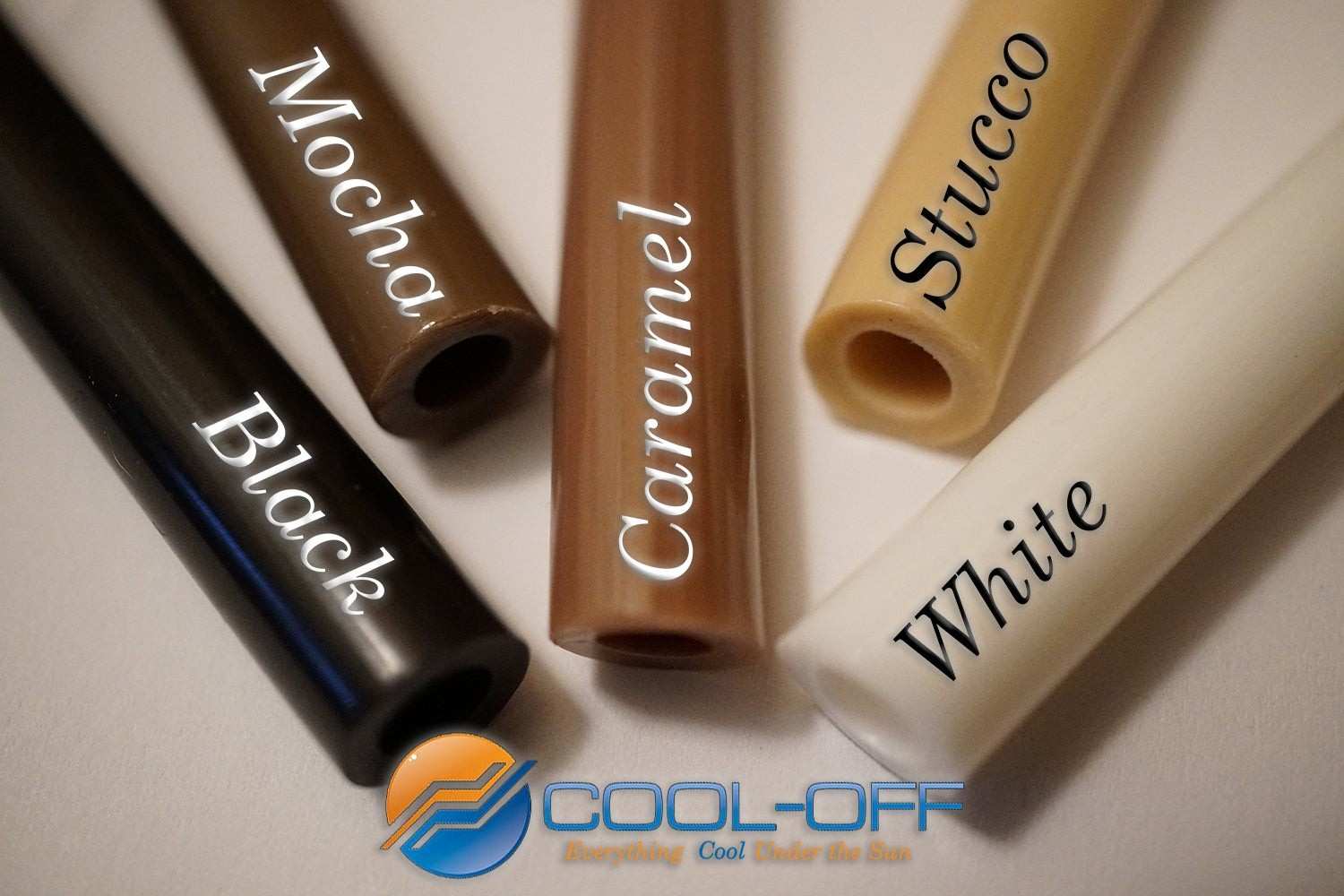 Set of Cool-Off brand lip balms in various colors with labeled names on a light background.