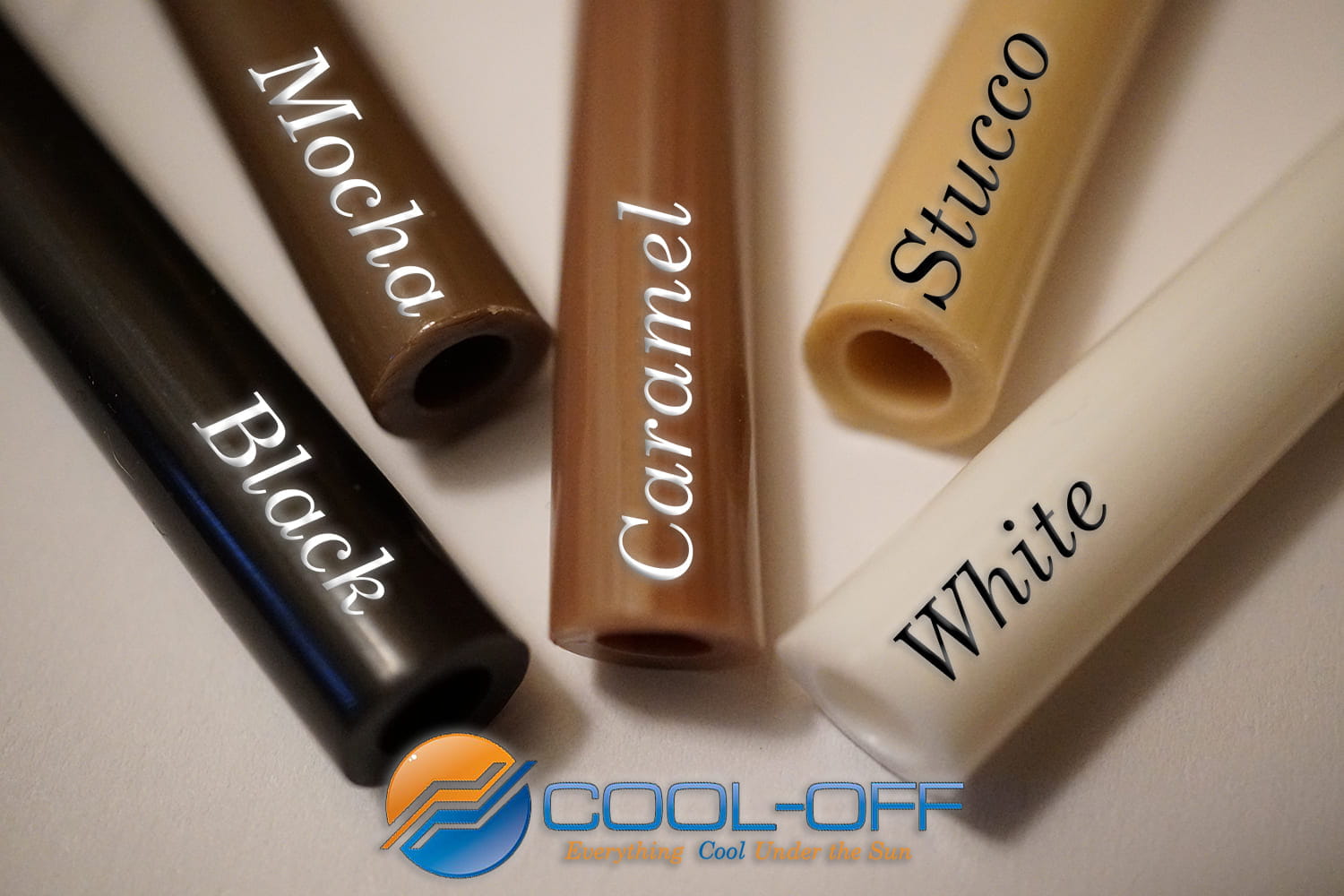 Color swatches labeled Mocha, Black, Caramel, Stucco, and White with Cool-Off logo.