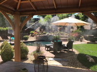 Backyard with pool, pergola, and outdoor furniture on a sunny day