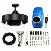 Outdoor ceiling misting fan black finish complete system with blue pump remote control