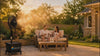 Tropic Breeze Misting Fan Highlights and cooling down a backyard with couple sitting
