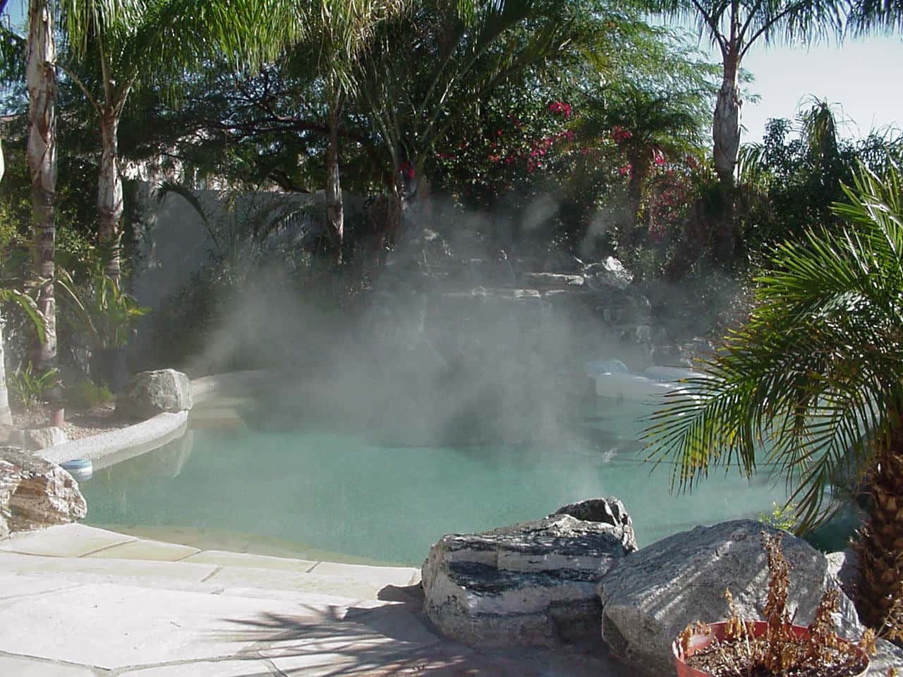 Pool area with mist, rocks, and palm trees in a tropical setting