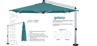 Teal patio umbrella with stand on a white background, featuring 'galaxy' branding.