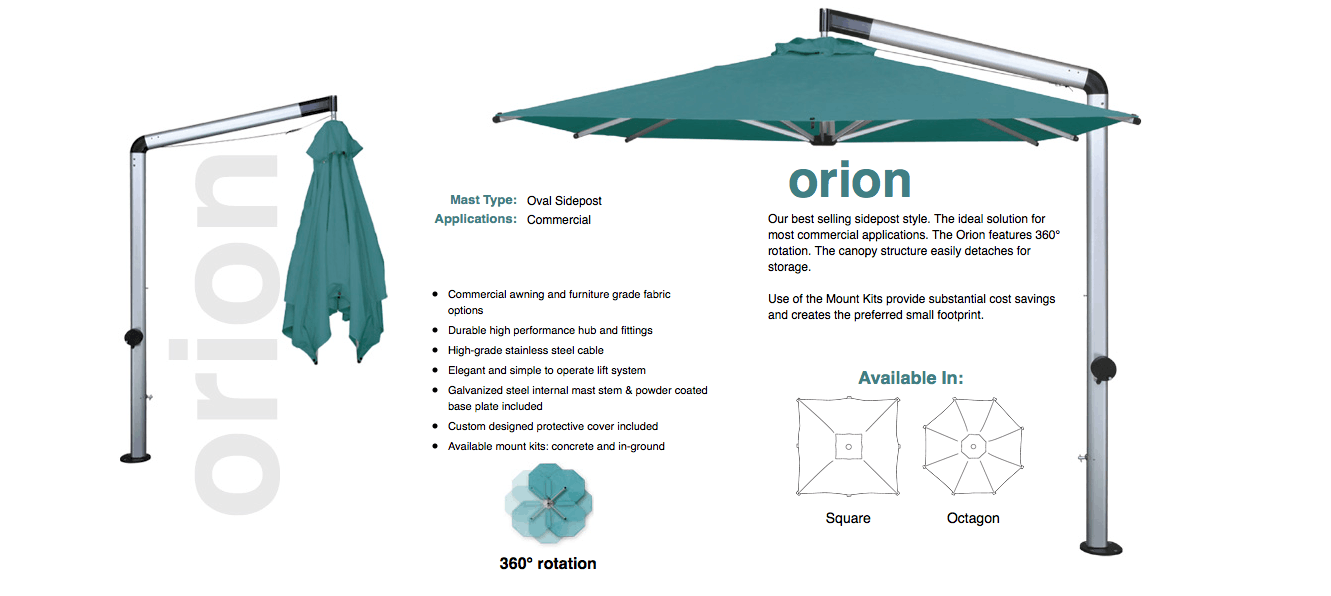 Orion patio umbrella with specifications on a white background