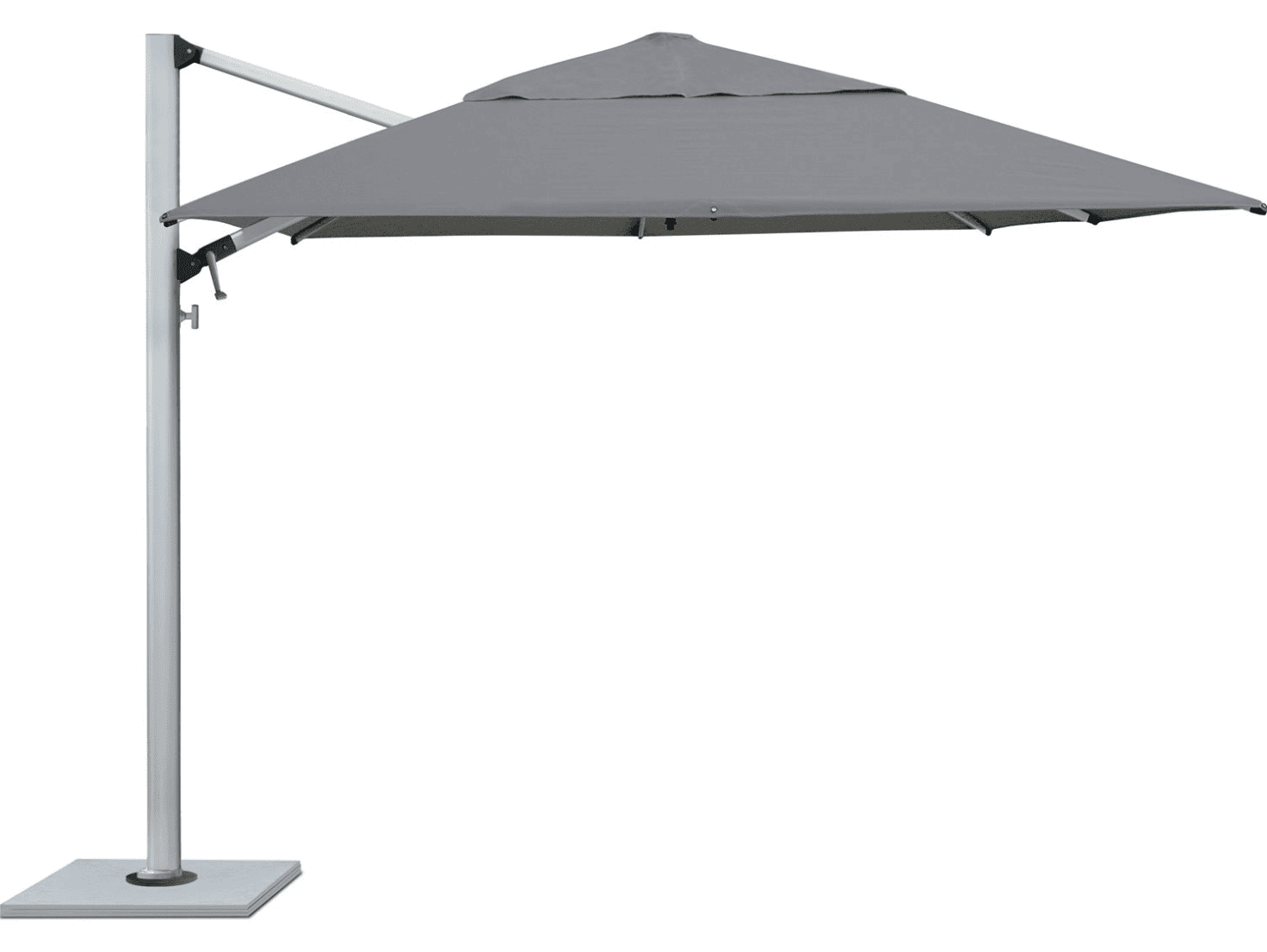 Gray outdoor umbrella with a white pole on a white background