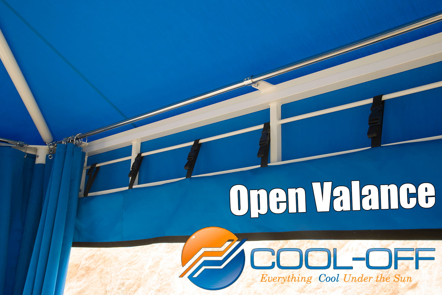 Blue canopy with open valance and 'Cool-Off' logo