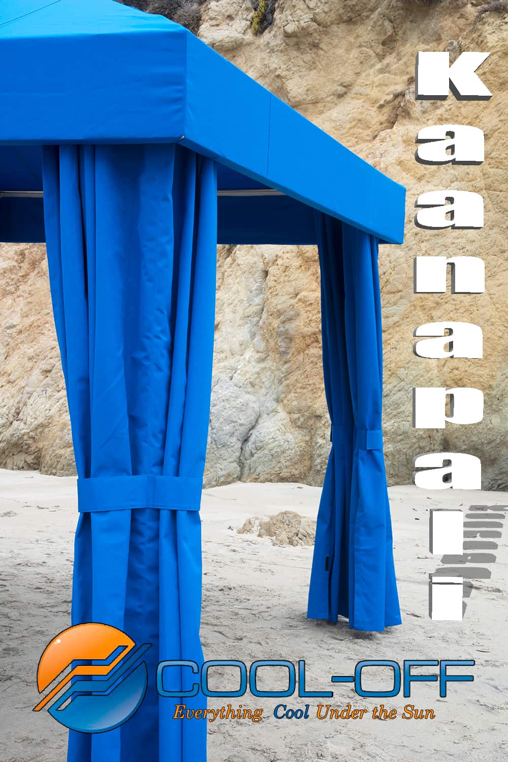 Blue outdoor canopy with curtains against a rocky background, featuring the KanaPali brand.